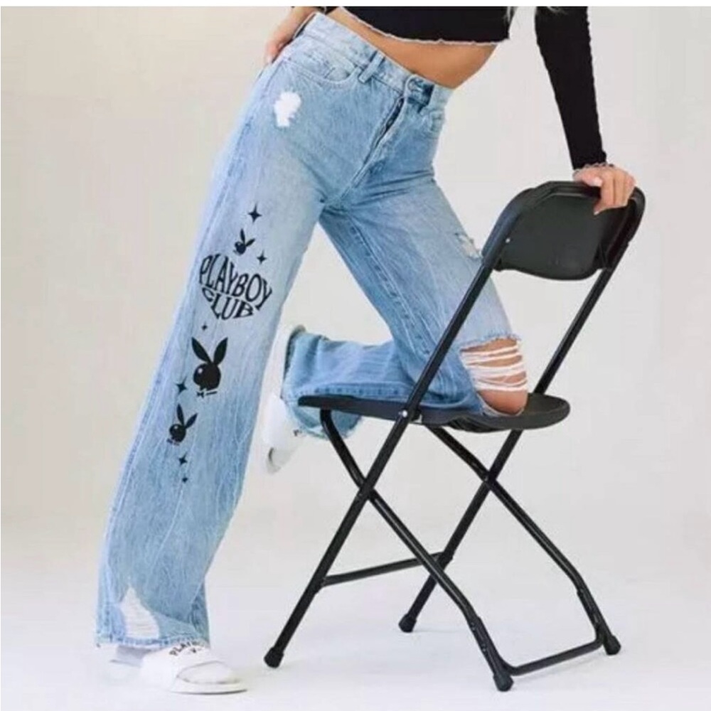 Pacsun + Playboy Distressed Eco Super Baggy Wide Leg  Jeans Sz 28 NEW